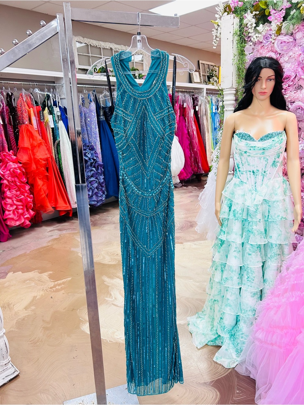 Teal Beaded Sheath Prom Dress - Women Dresses